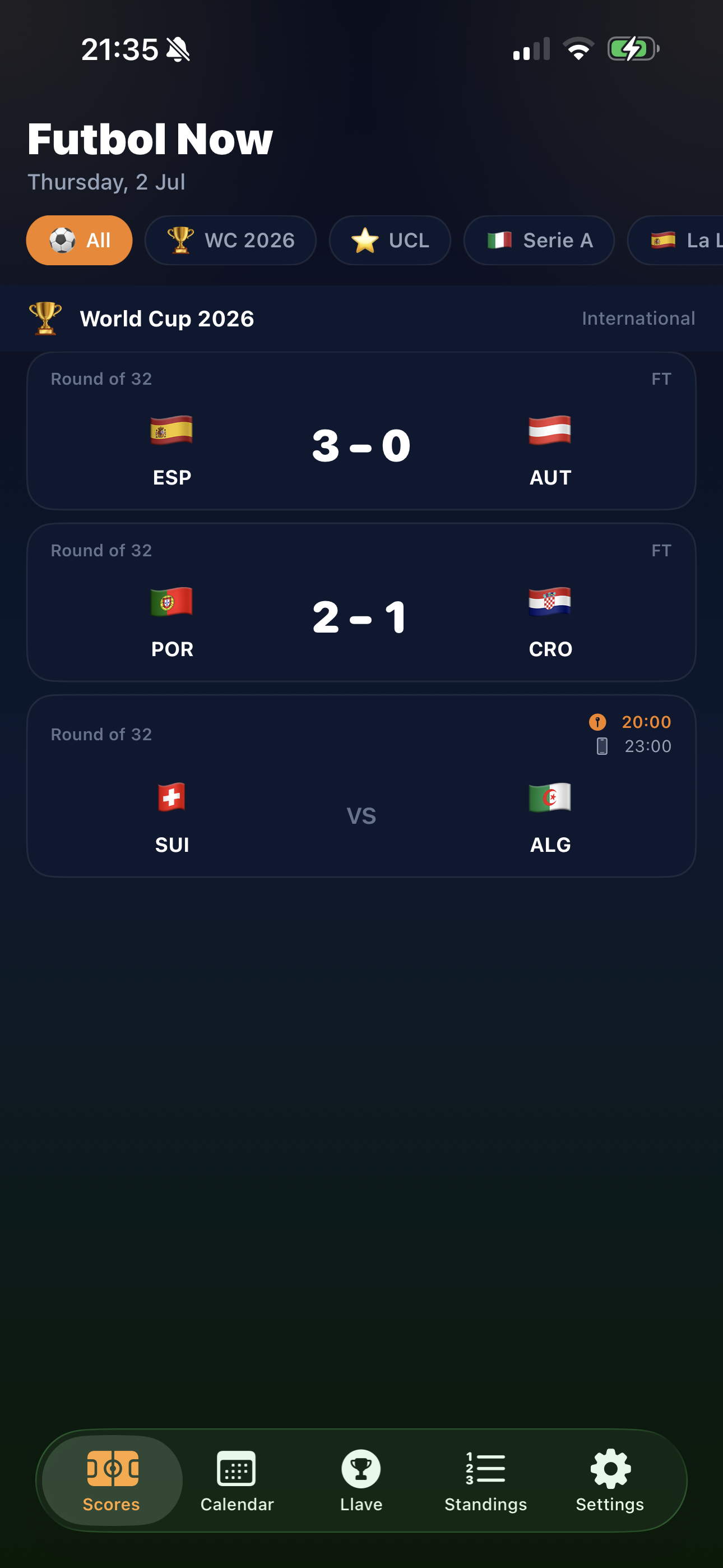 FutbolNow Scores screen