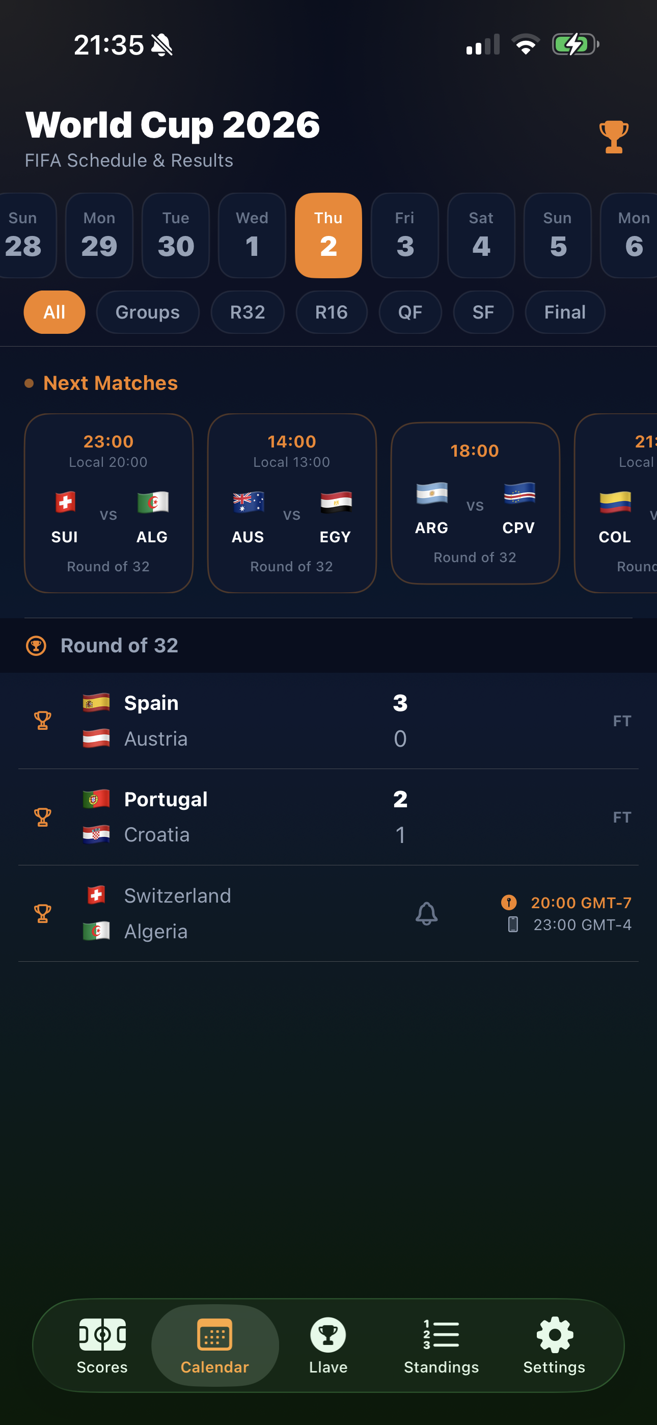 FutbolNow Calendar screen