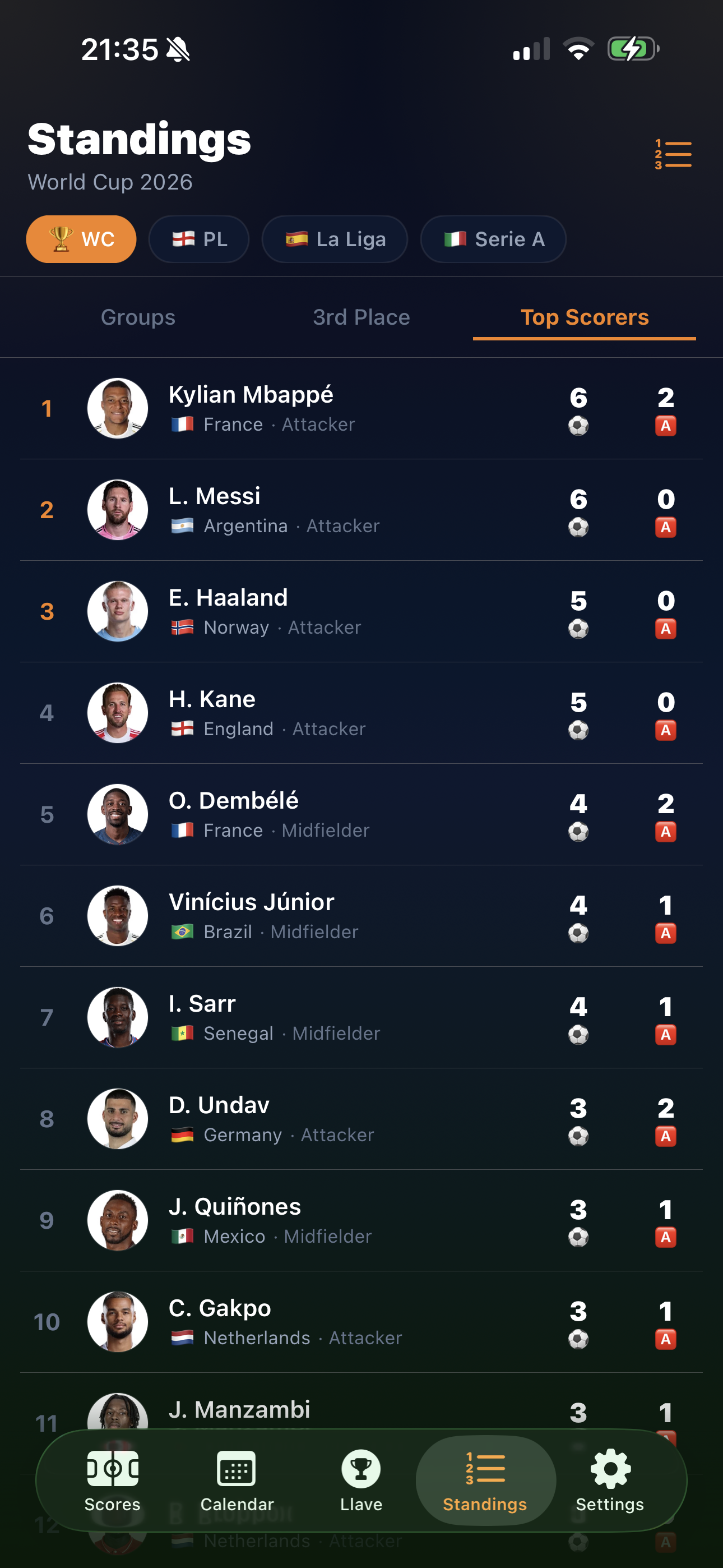 FutbolNow standings screen